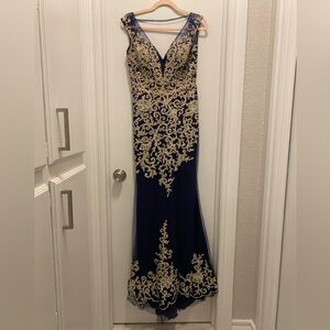 JVN by Jovani navy and gold evening/prom dress